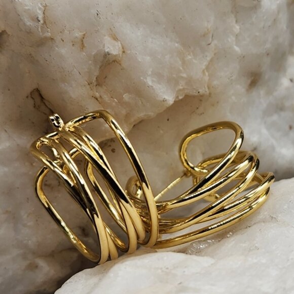 Rhodium/ 18 kt Gold Plated Hoops Earrings/Studs Contemporary Design - Picture 9 of 10